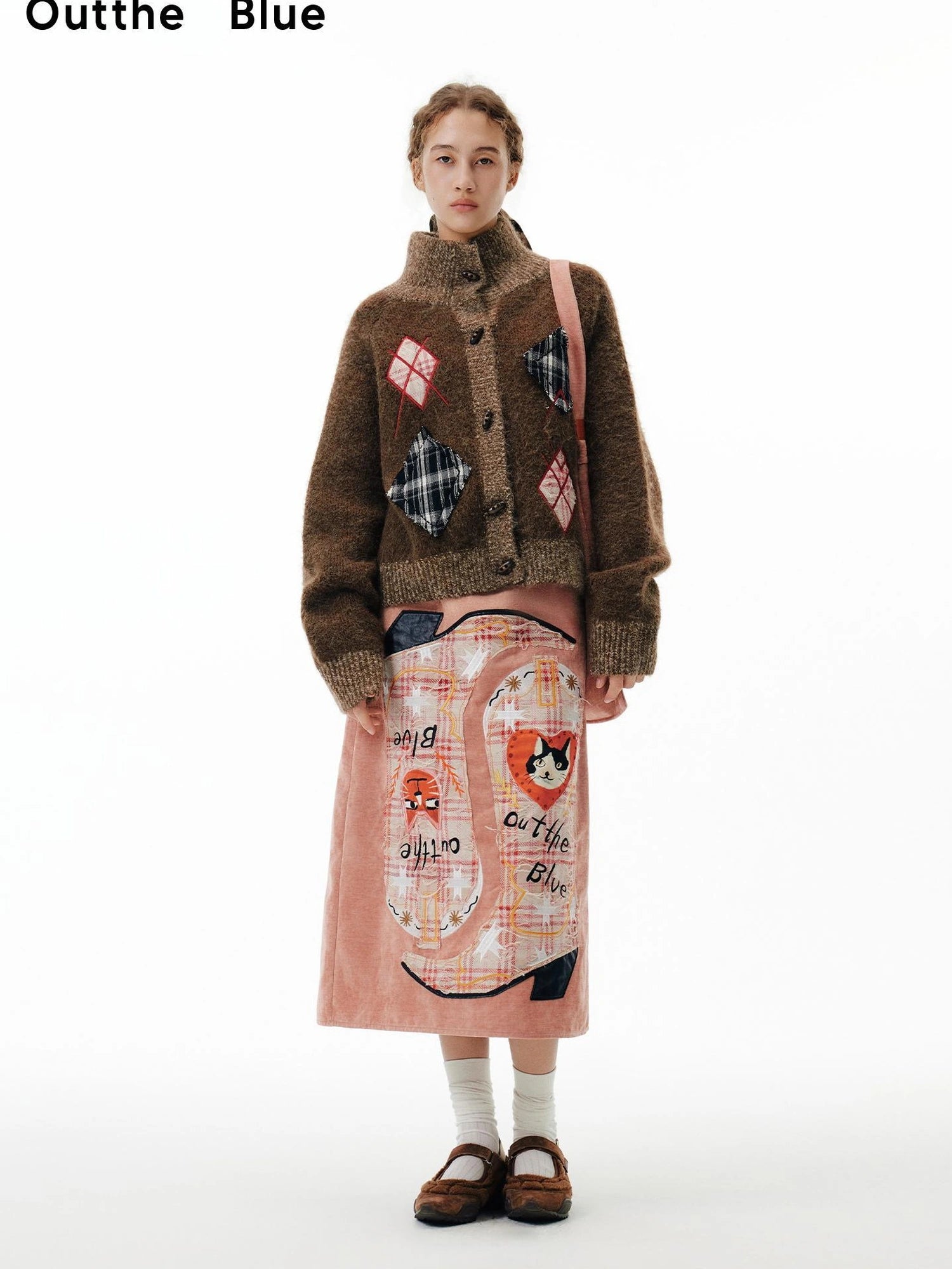 OuttheBlue Cat Cafe Diamond Patchwork High Neck Knit Cardigan