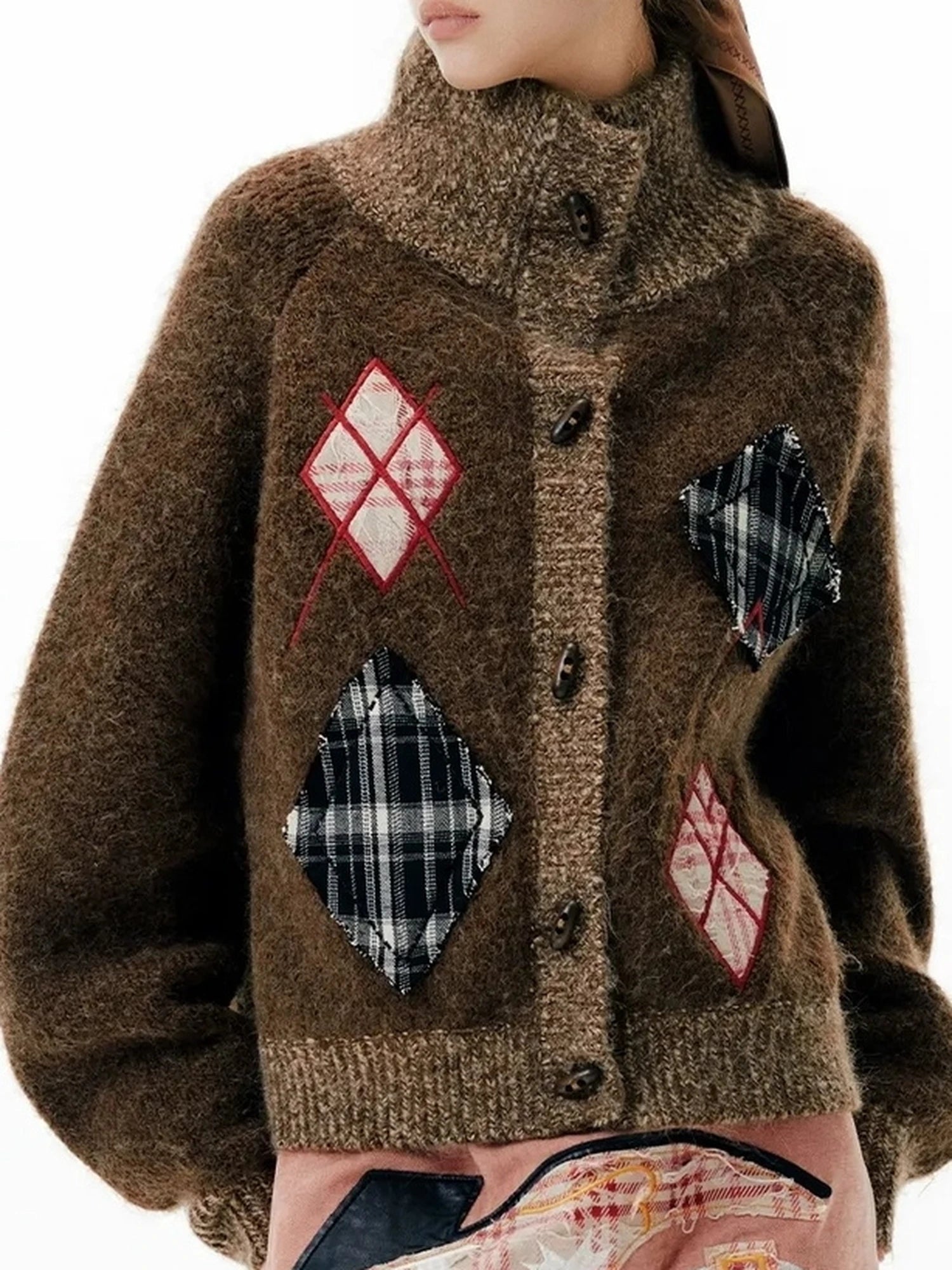 OuttheBlue Cat Cafe Diamond Patchwork High Neck Knit Cardigan
