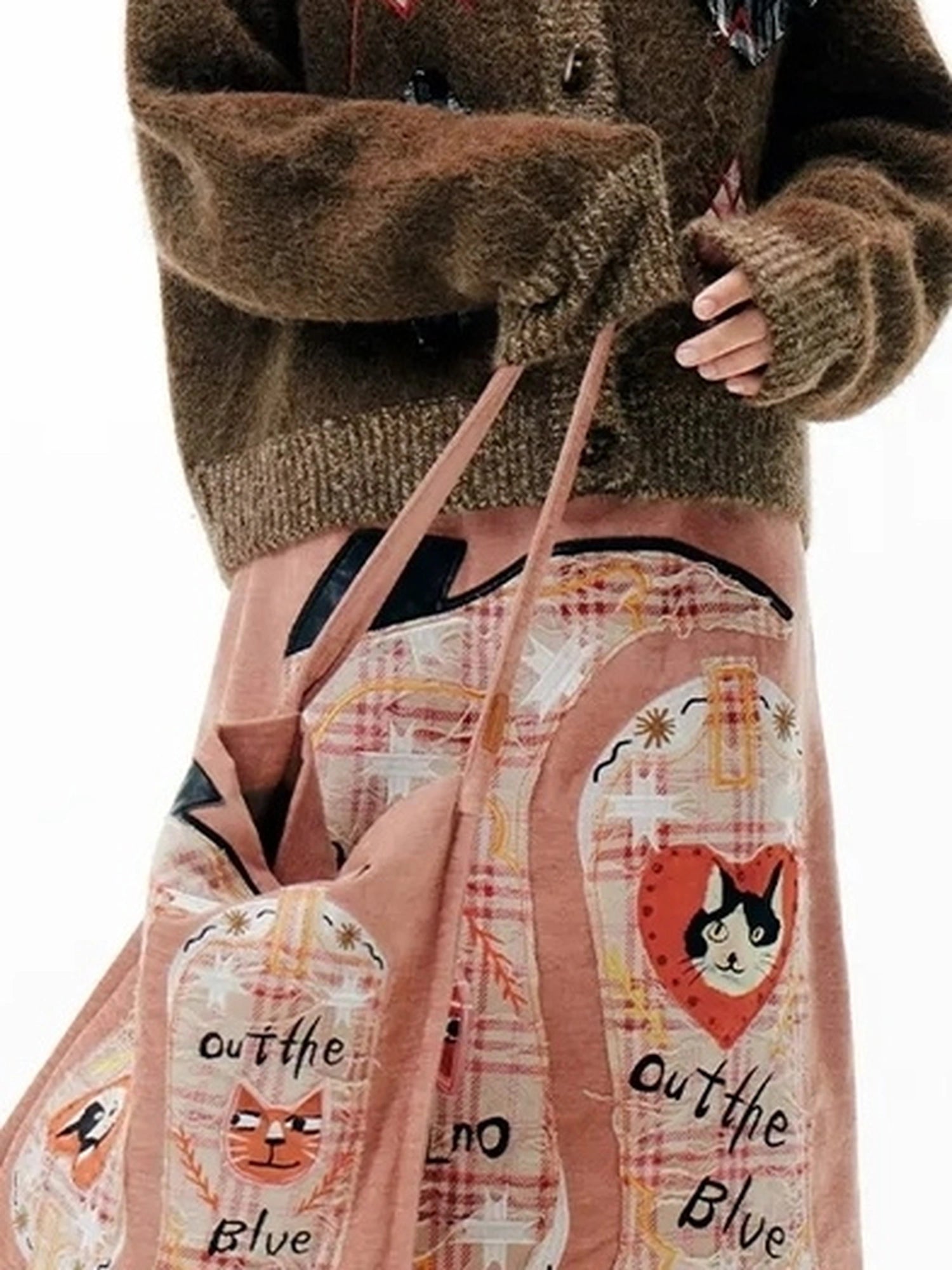 OuttheBlue Cat Cafe Diamond Patchwork High Neck Knit Cardigan