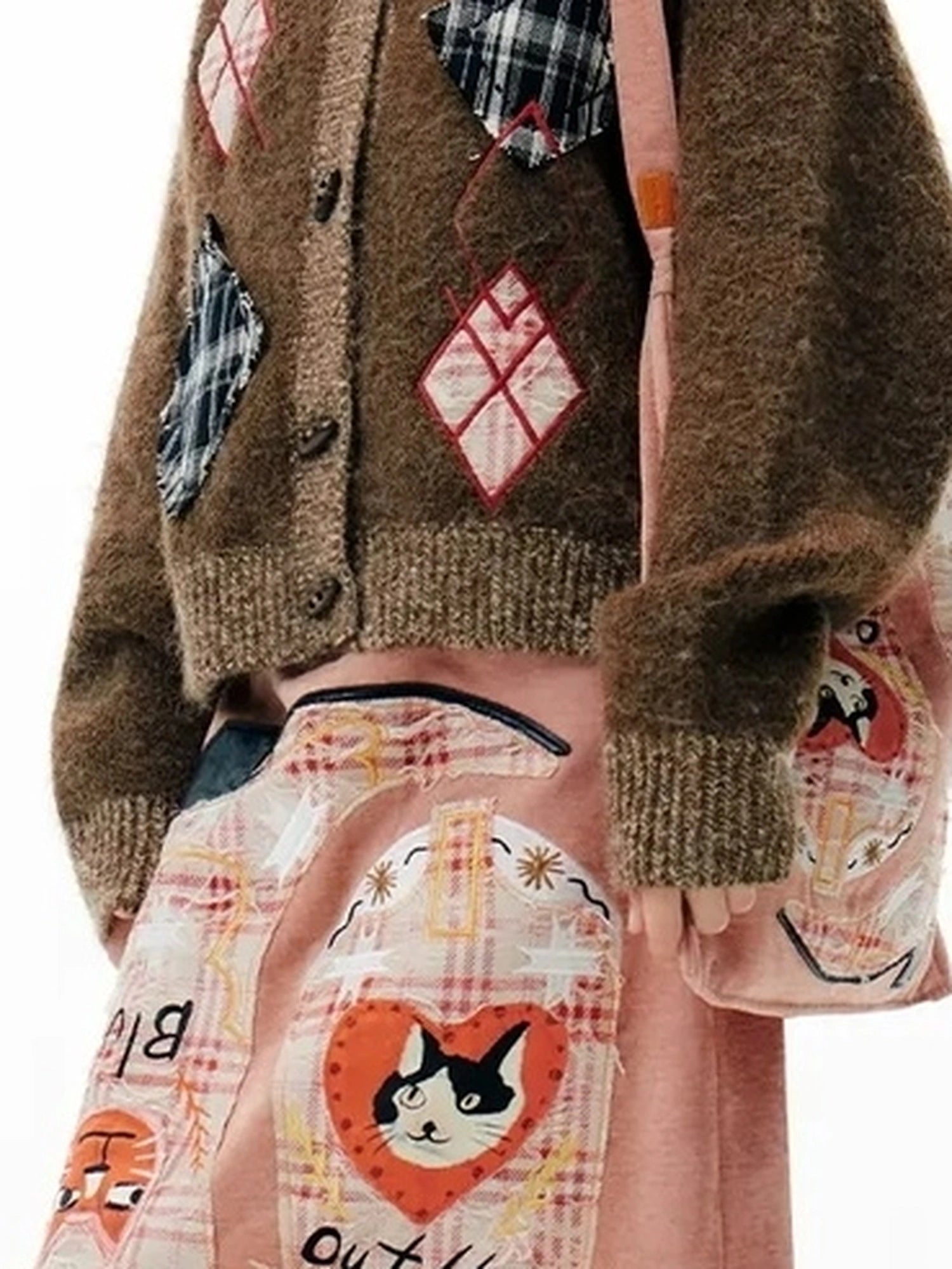 OuttheBlue Cat Cafe Diamond Patchwork High Neck Knit Cardigan