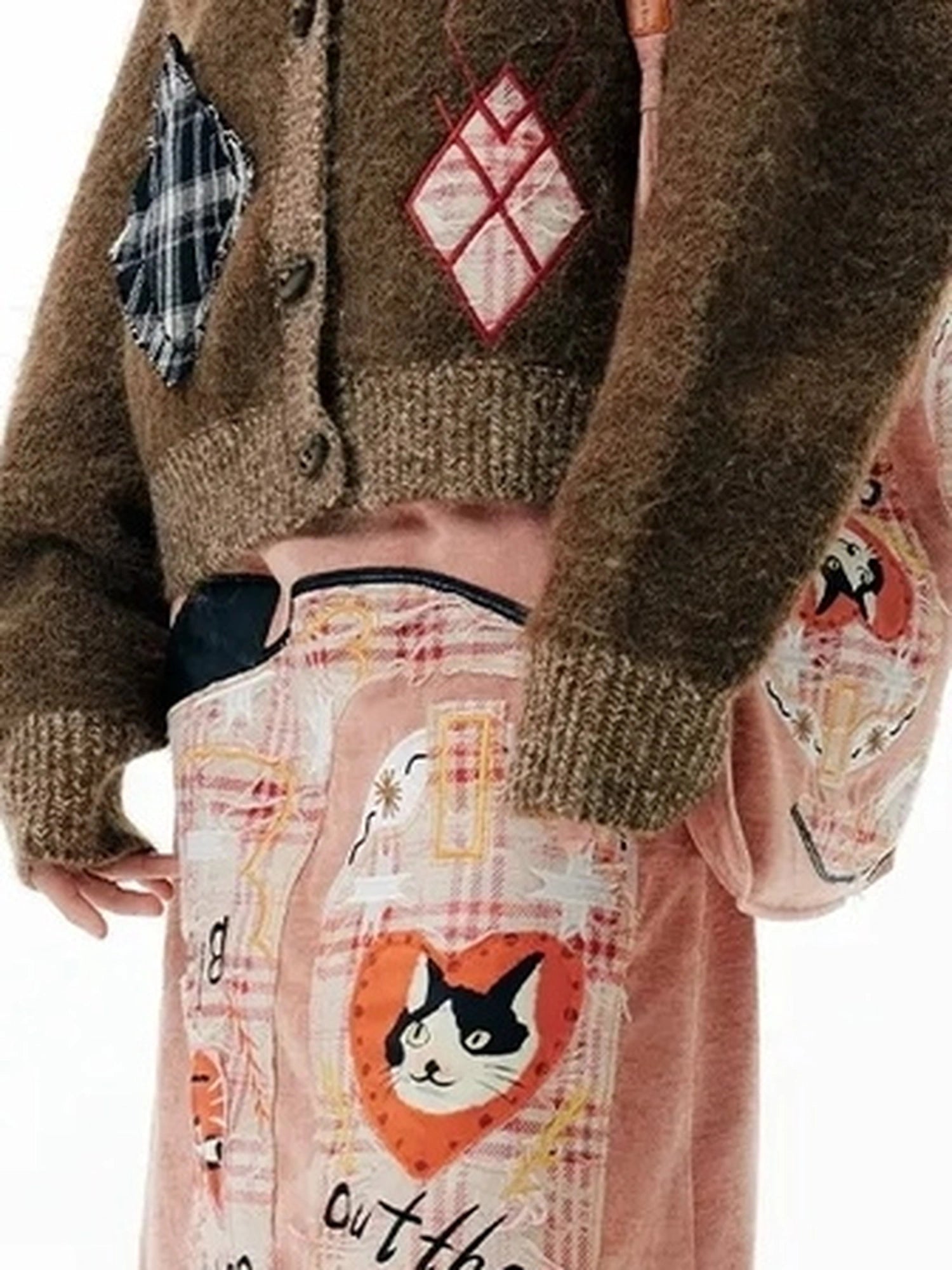 OuttheBlue Cat Cafe Diamond Patchwork High Neck Knit Cardigan