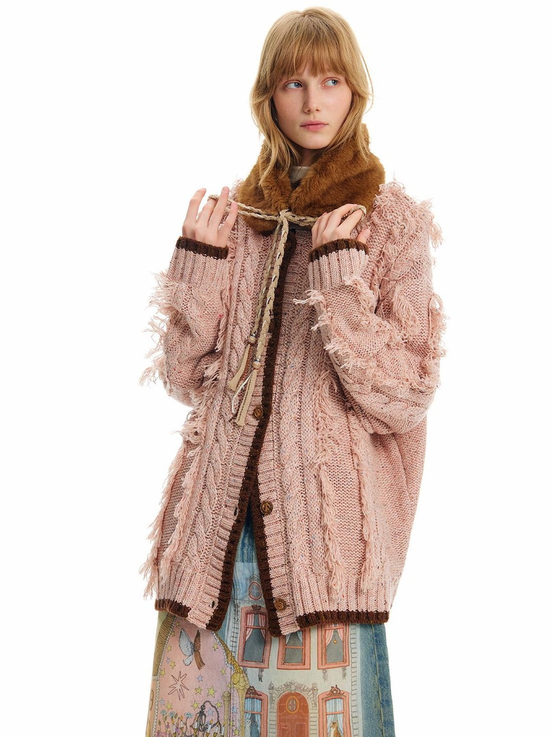 OuttheBlue Cat Embroidered Faux Fur Collar Tie Women&