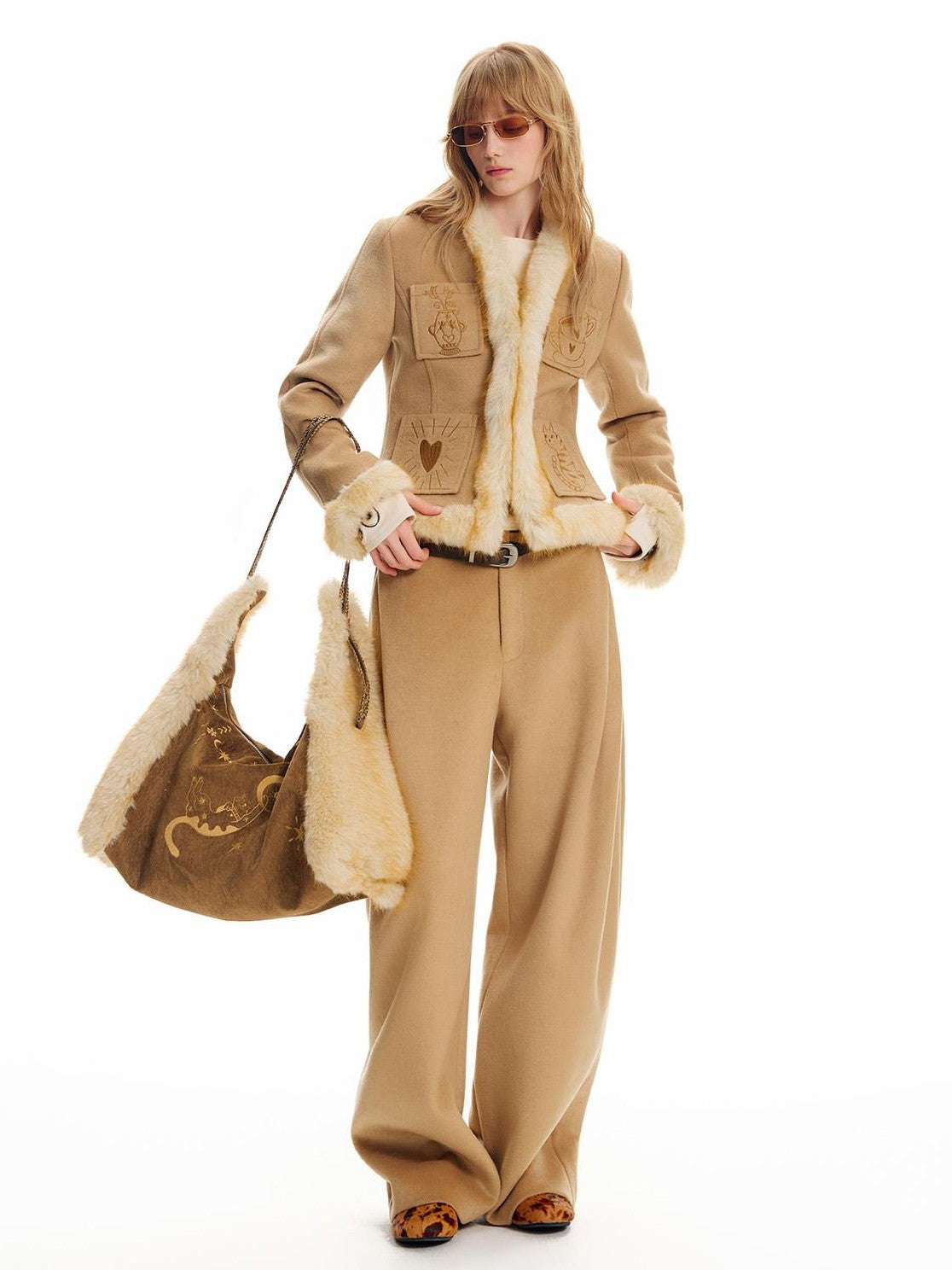 OuttheBlue Cat Embroidered Suede Fuzzy Square Women&