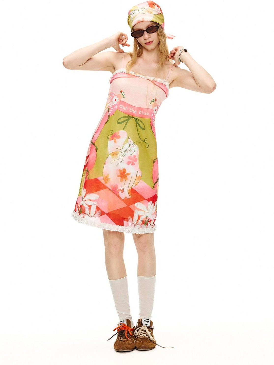OuttheBlue Cat Garden Print Poly Spandex Slim Fit Sleeveless A Line Women Midi Dresses
