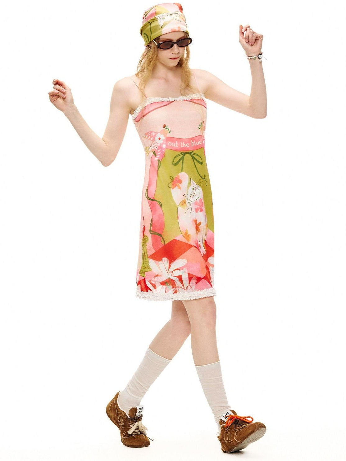 OuttheBlue Cat Garden Print Poly Spandex Slim Fit Sleeveless A Line Women Midi Dresses