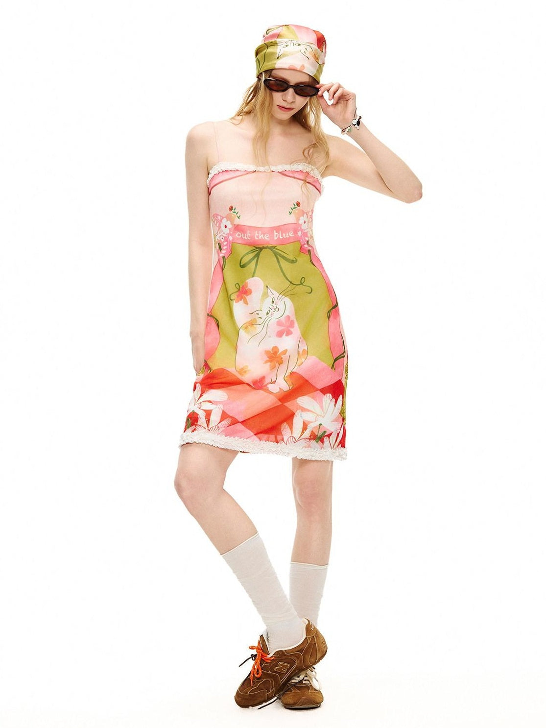 OuttheBlue Cat Garden Print Poly Spandex Slim Fit Sleeveless A Line Women Midi Dresses