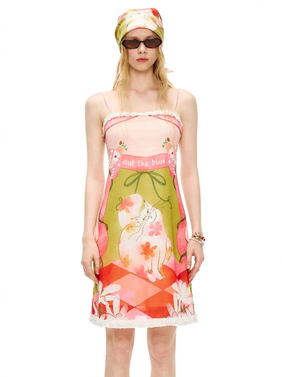 OuttheBlue Cat Garden Print Poly Spandex Slim Fit Sleeveless A Line Women Midi Dresses