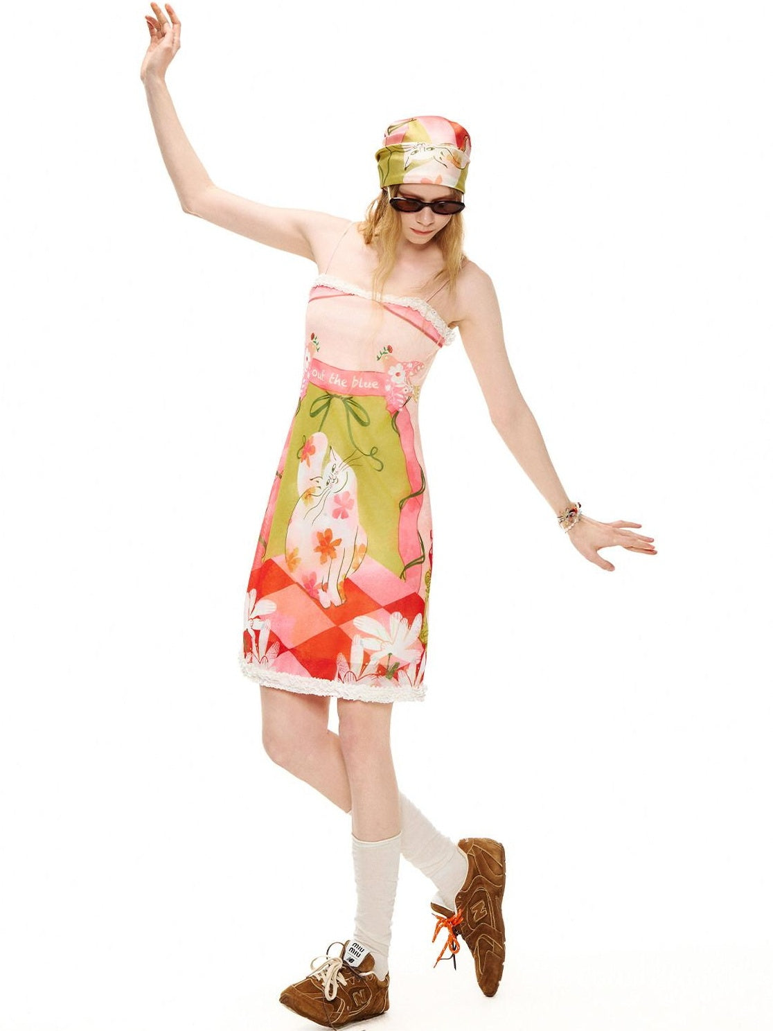 OuttheBlue Cat Garden Print Poly Spandex Slim Fit Sleeveless A Line Women Midi Dresses