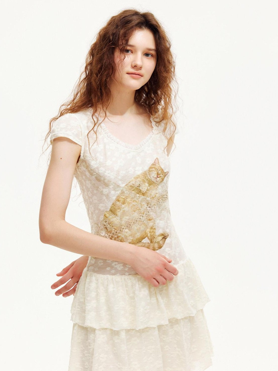 OuttheBlue Cat Print Lace Pleated Double Layer Women&