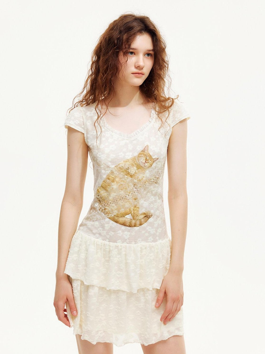 OuttheBlue Cat Print Lace Pleated Double Layer Women&