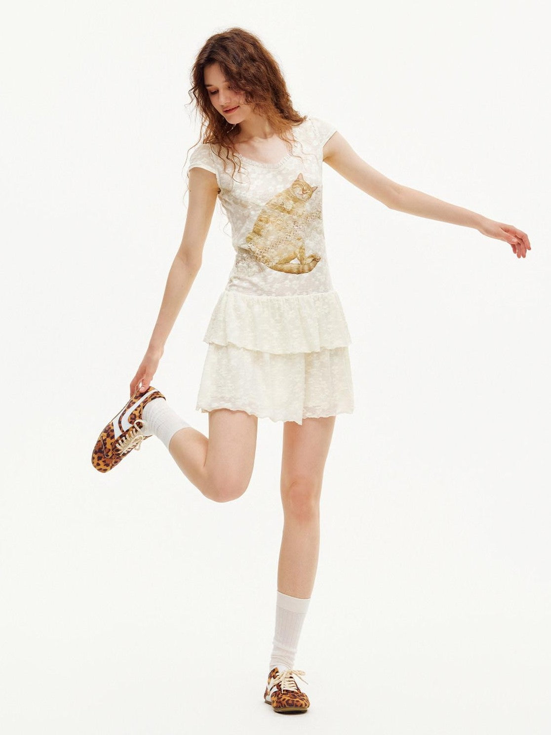 OuttheBlue Cat Print Lace Pleated Double Layer Women&