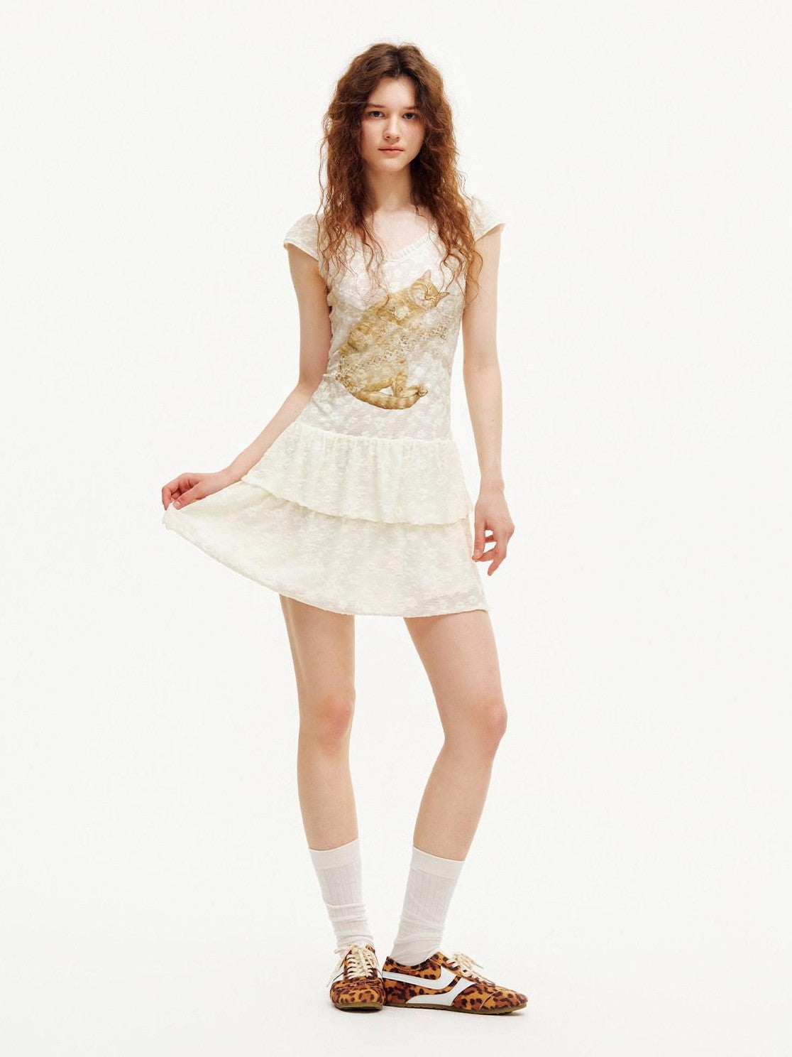 OuttheBlue Cat Print Lace Pleated Double Layer Women&
