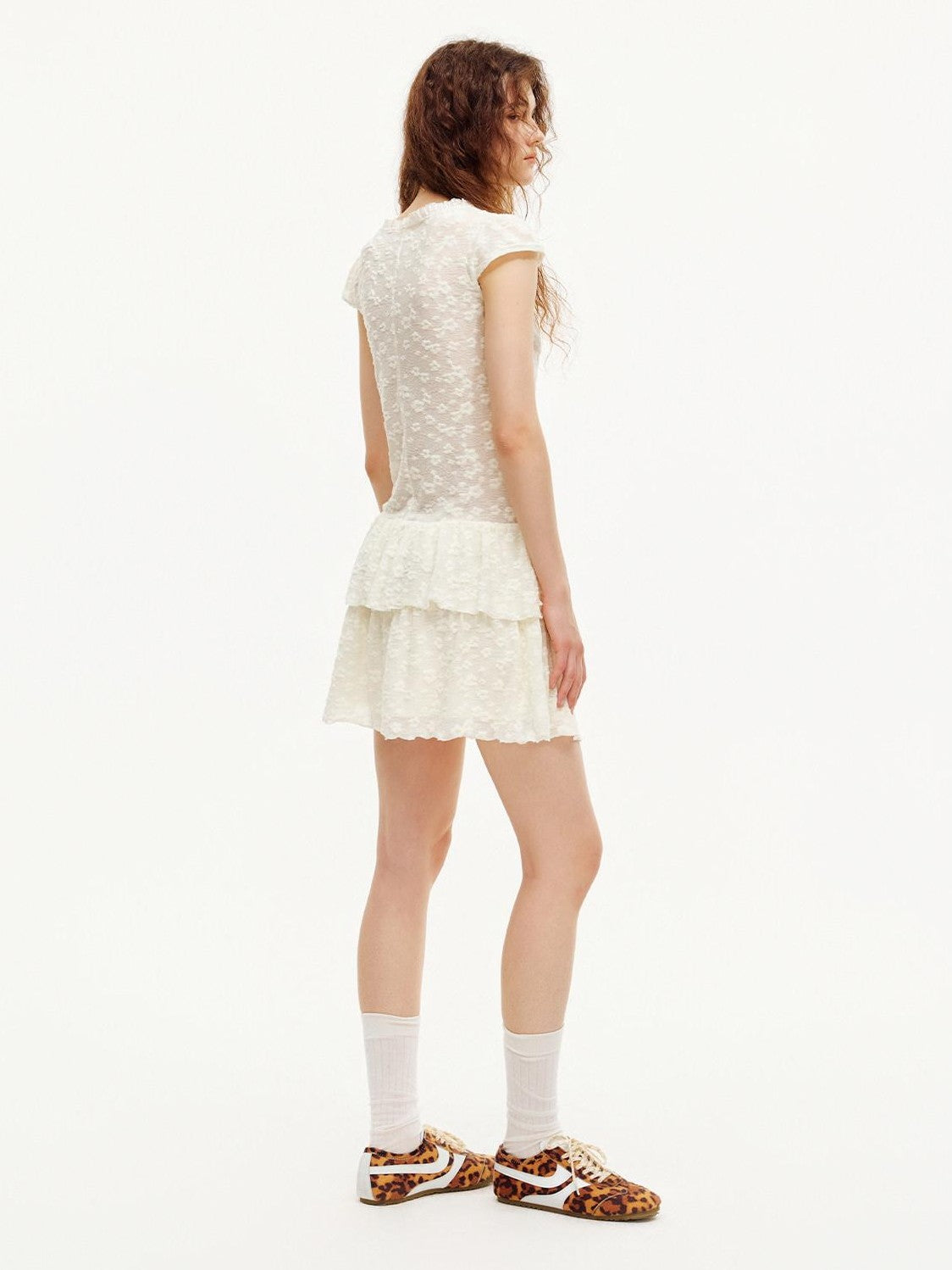 OuttheBlue Cat Print Lace Pleated Double Layer Women&