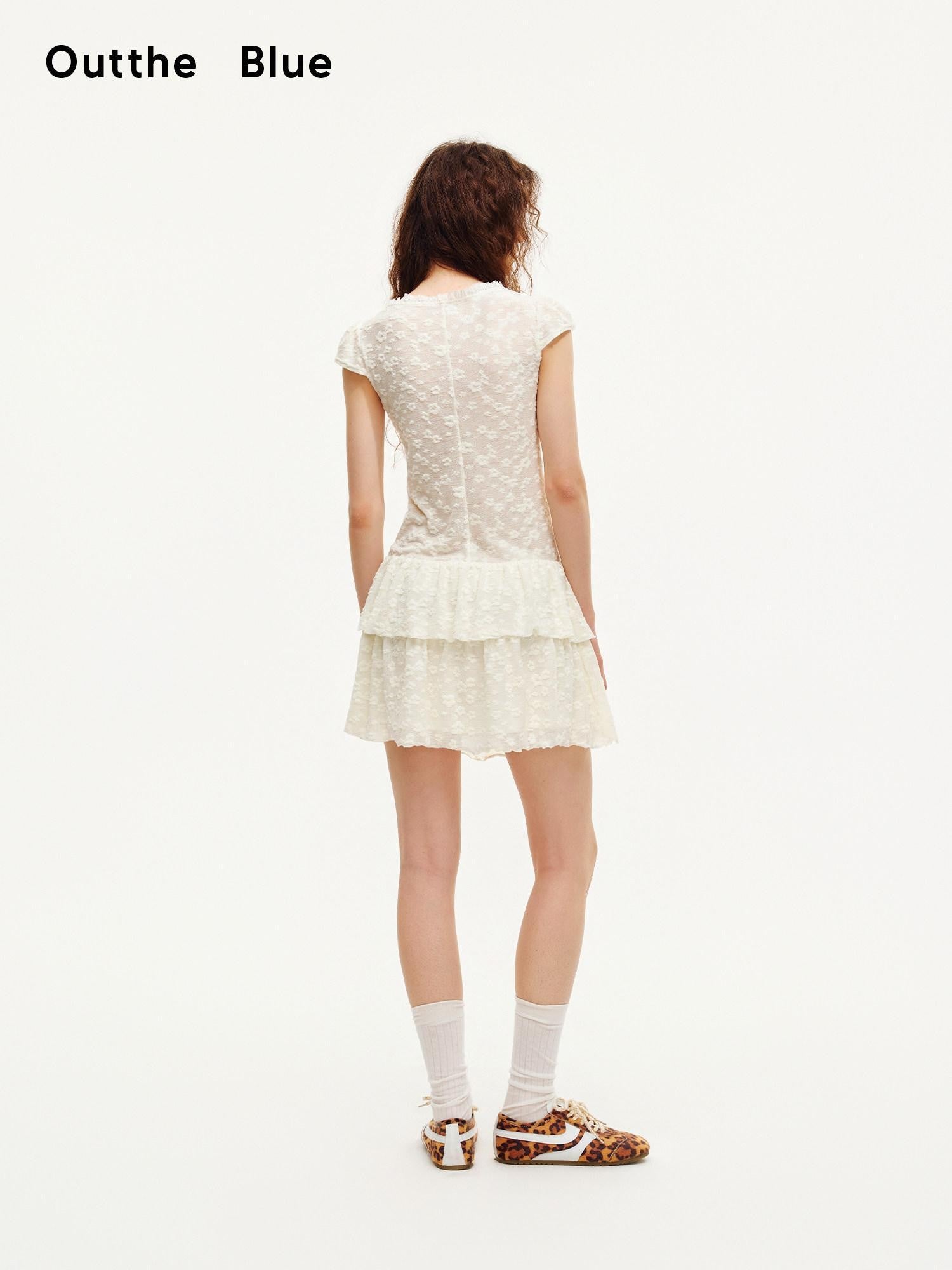 OuttheBlue Cat Print Lace Pleated Double Layer Women&