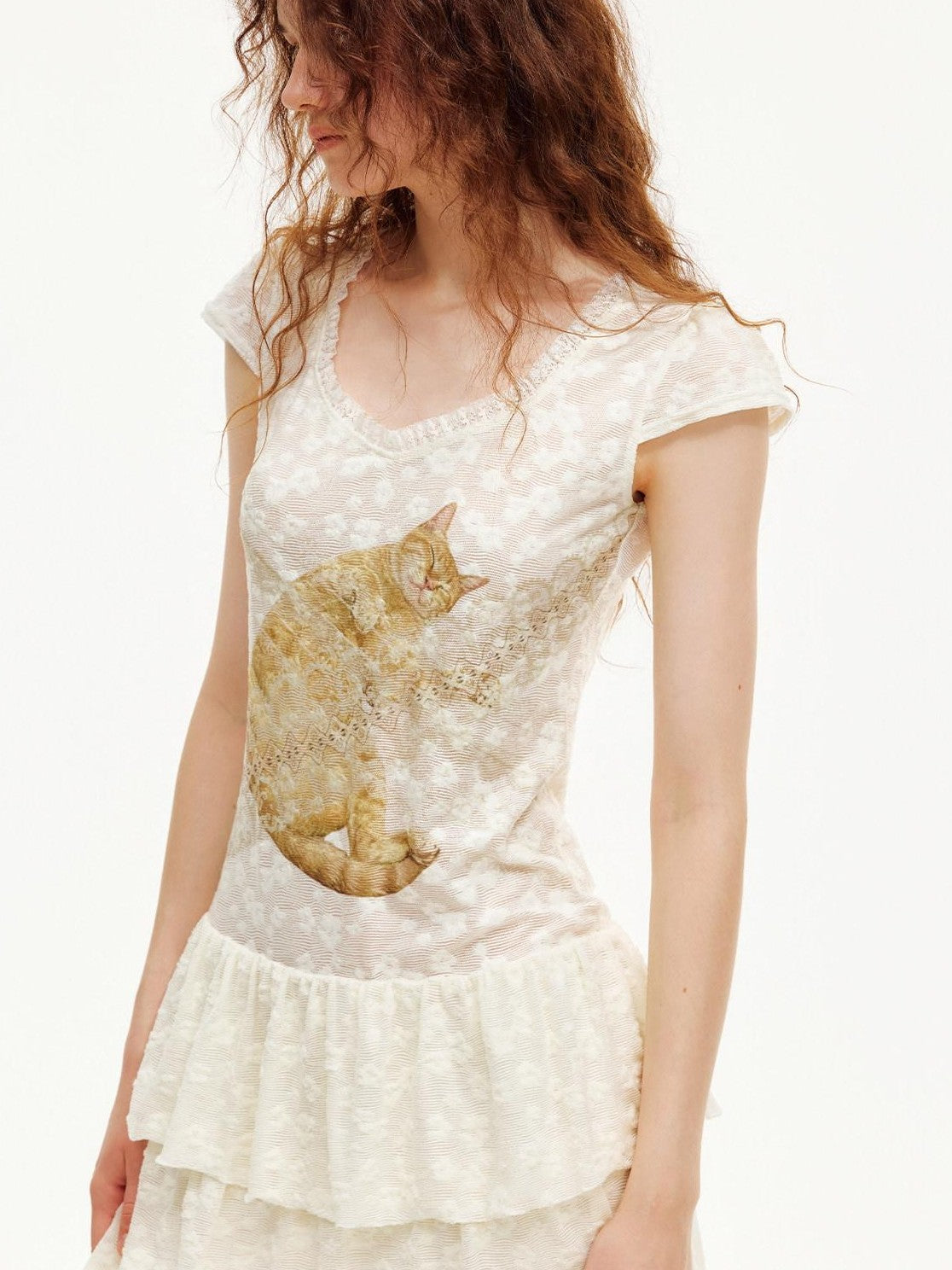 OuttheBlue Cat Print Lace Pleated Double Layer Women&