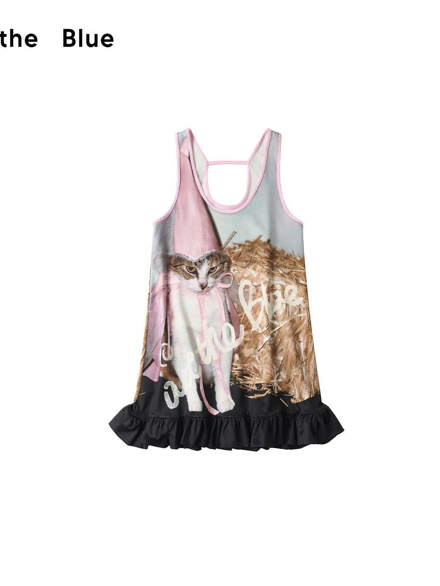 OuttheBlue Cat Print Ruffle A Line Women&