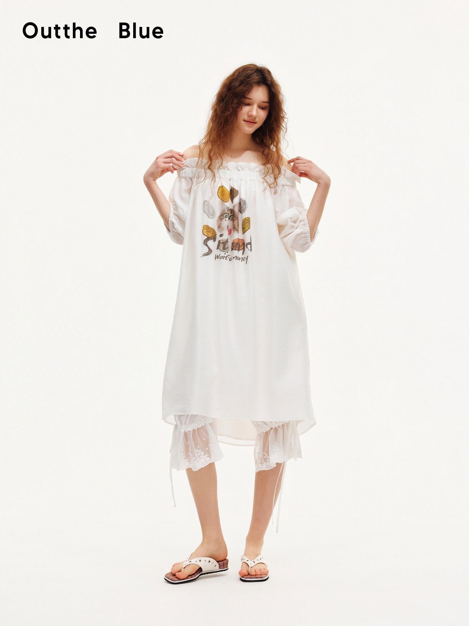 OuttheBlue Cat Print Ruffle Bardot Puff Sleeve A Line Women's Lyocell Casual Midi Dresses – MISSTT