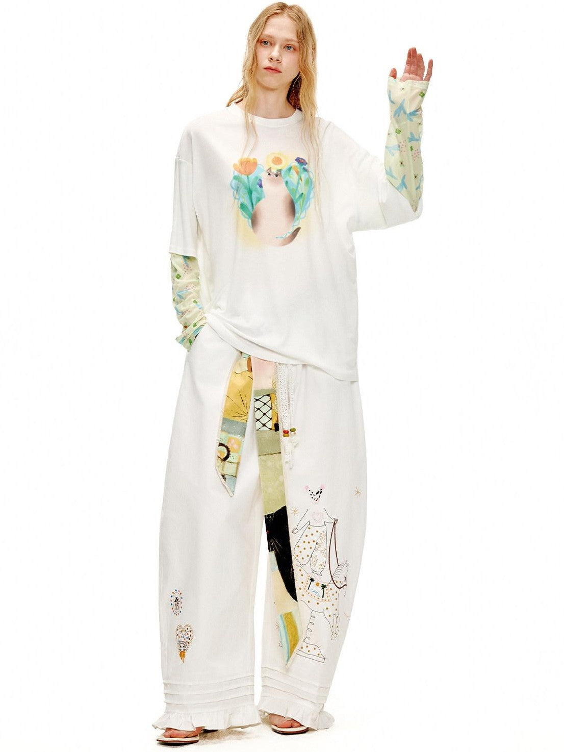 OuttheBlue Circus Character Embroidered Ruffle Curved Cut Relaxed Women&