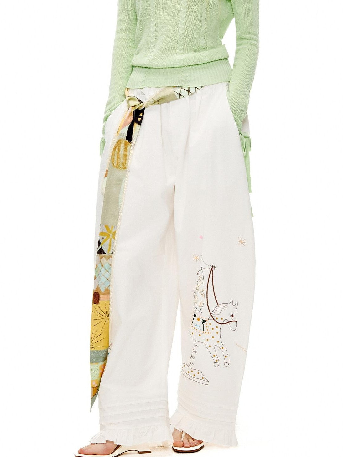 OuttheBlue Circus Character Embroidered Ruffle Curved Cut Relaxed Women&