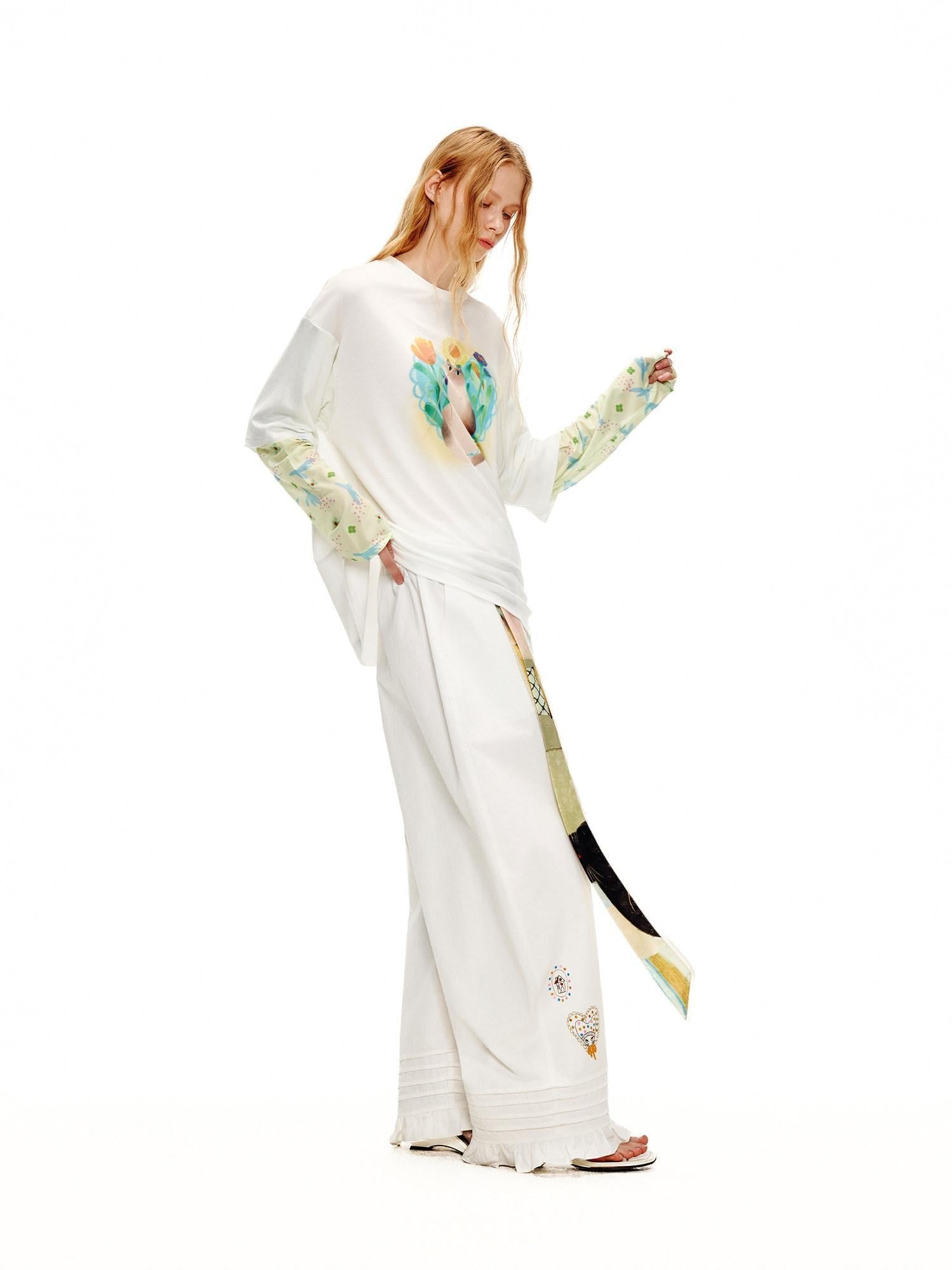 OuttheBlue Circus Character Embroidered Ruffle Curved Cut Relaxed Women&