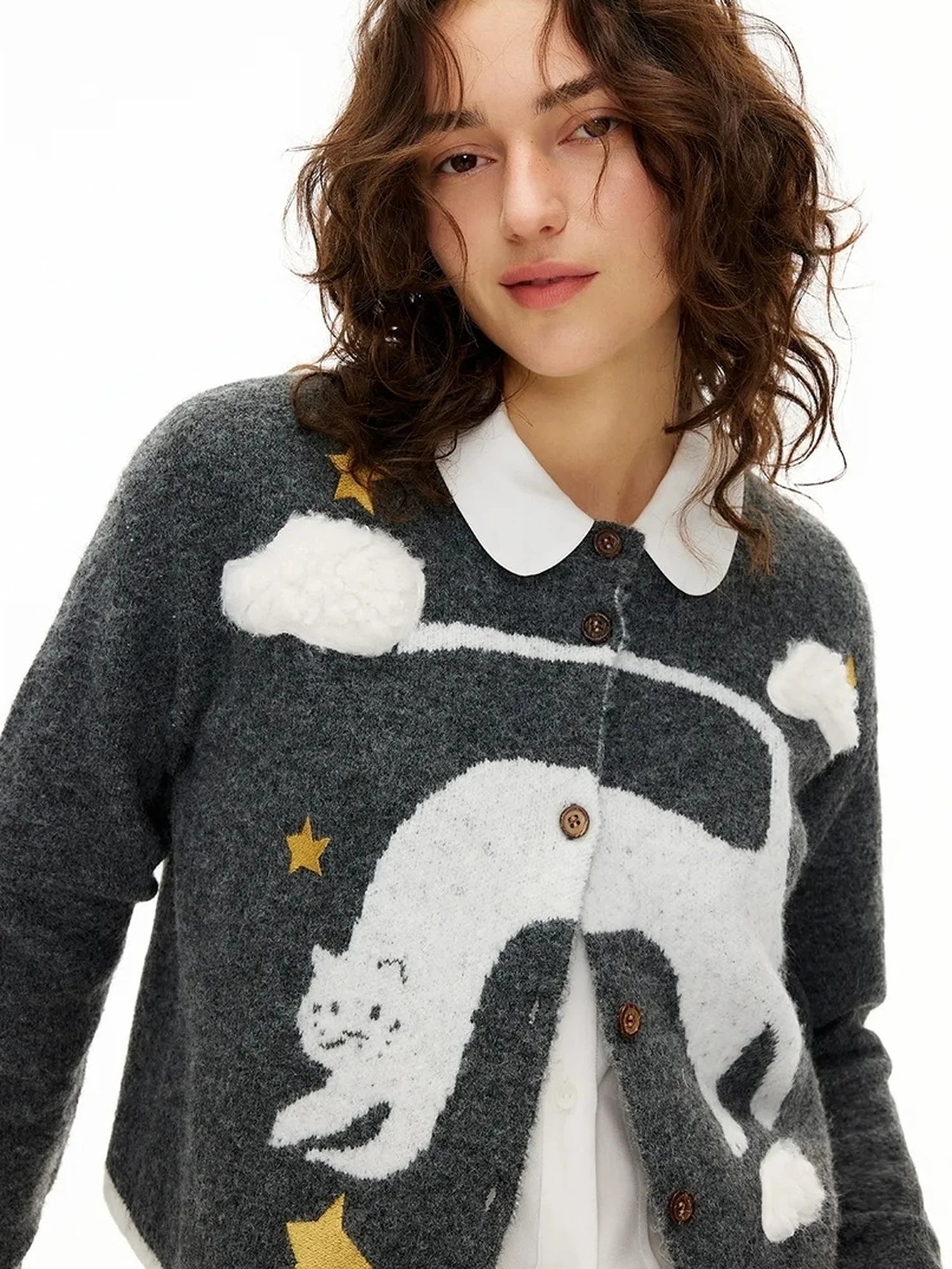 OuttheBlue Cloud Embroidery Wool Blend Cardigan V-neck Long Sleeve T-shirt