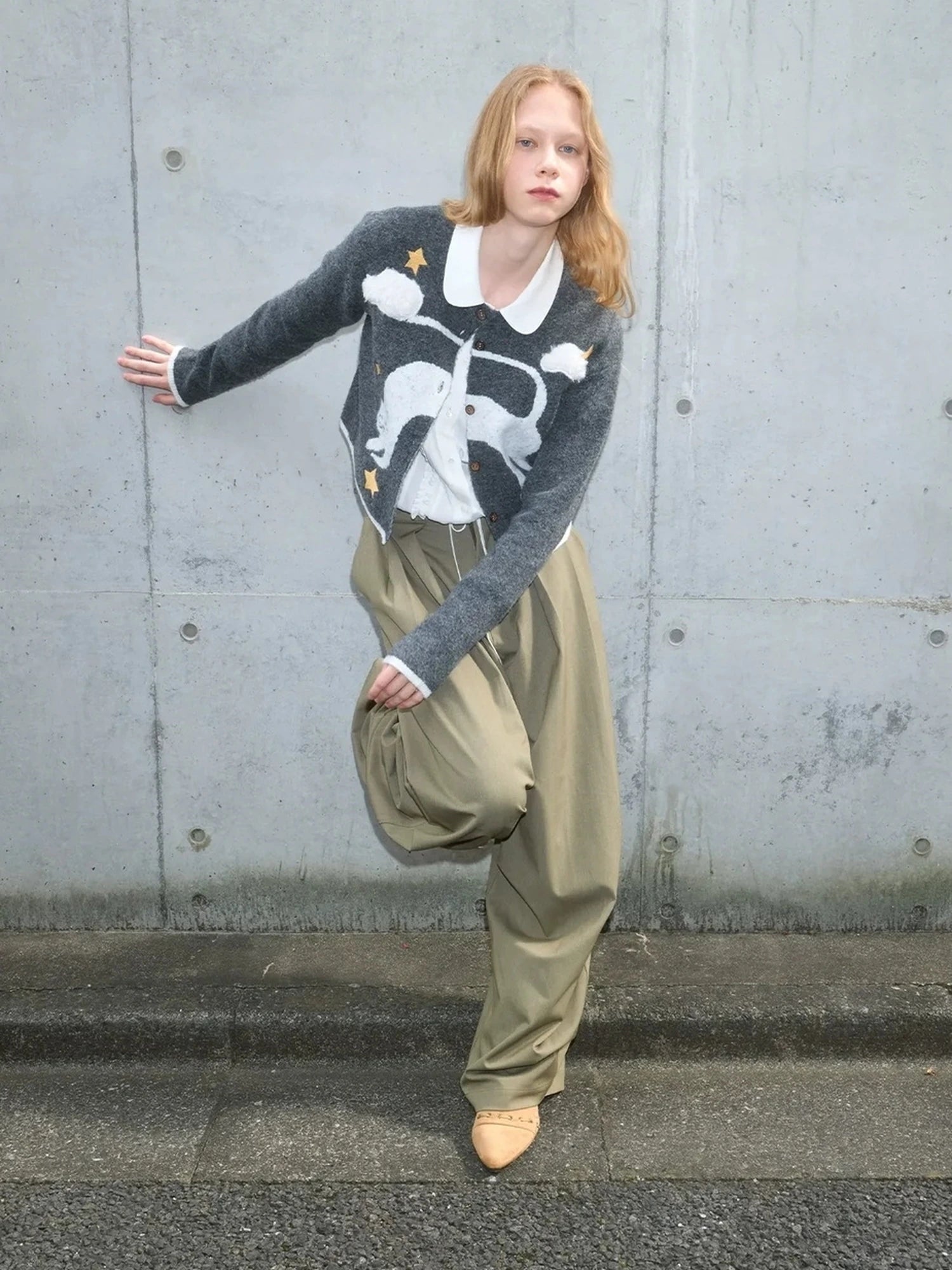 OuttheBlue Cloud Embroidery Wool Blend Cardigan V-neck Long Sleeve T-shirt