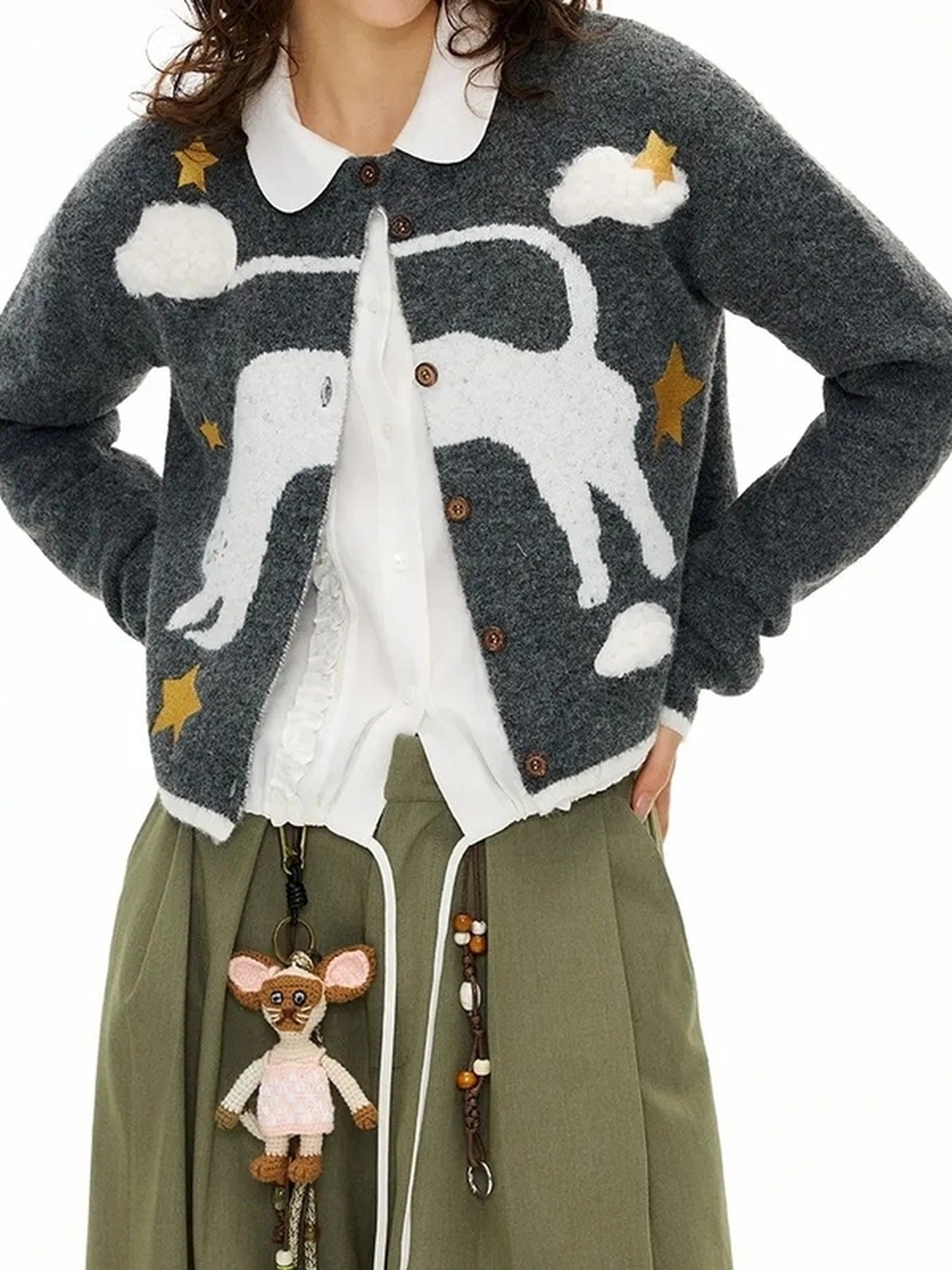OuttheBlue Cloud Embroidery Wool Blend Cardigan V-neck Long Sleeve T-shirt