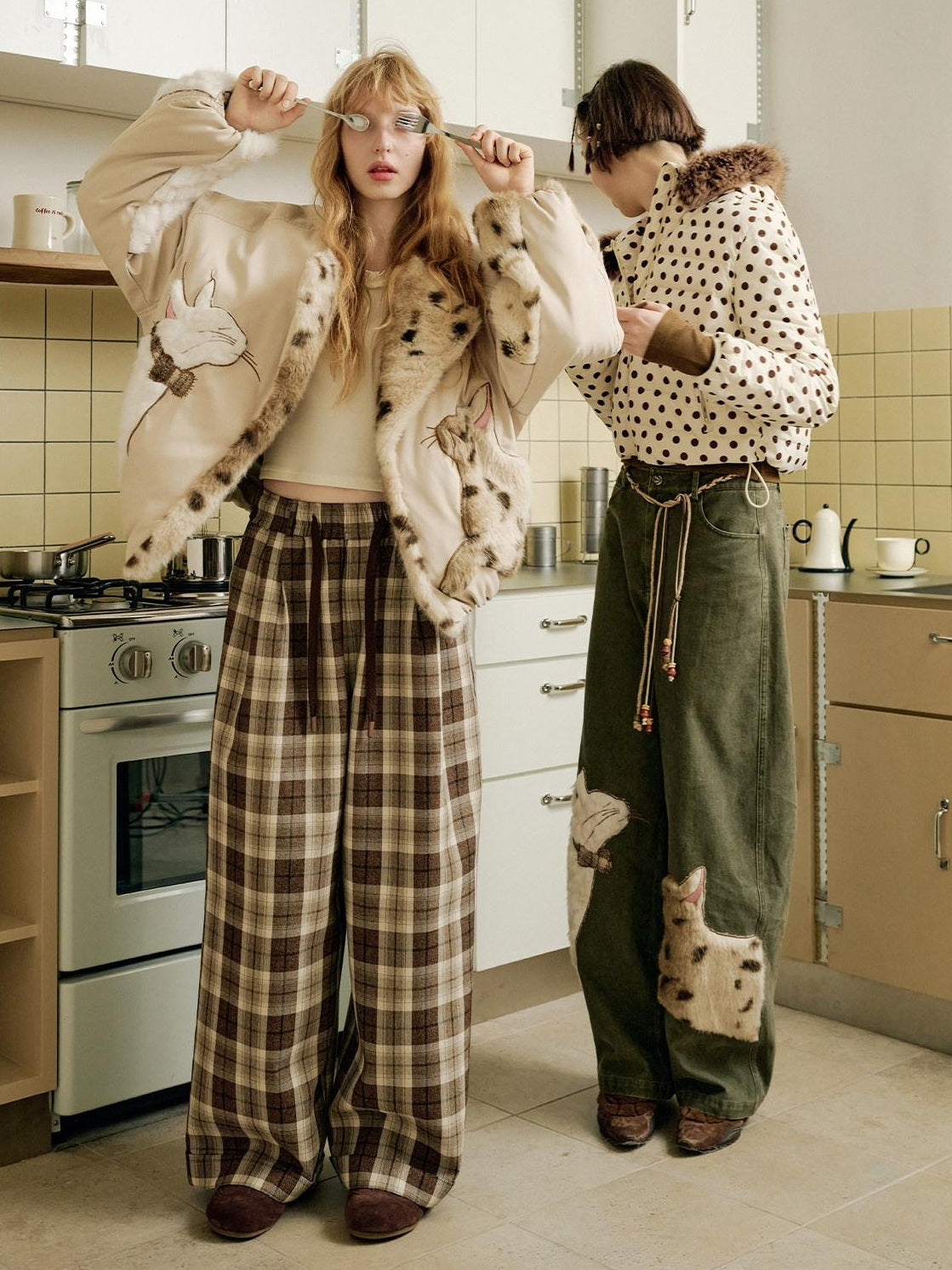 OuttheBlue Comfy Relaxed Cuffed Brown Plaid Natural Waist Ladies Poly Cotton Wide Leg Pants