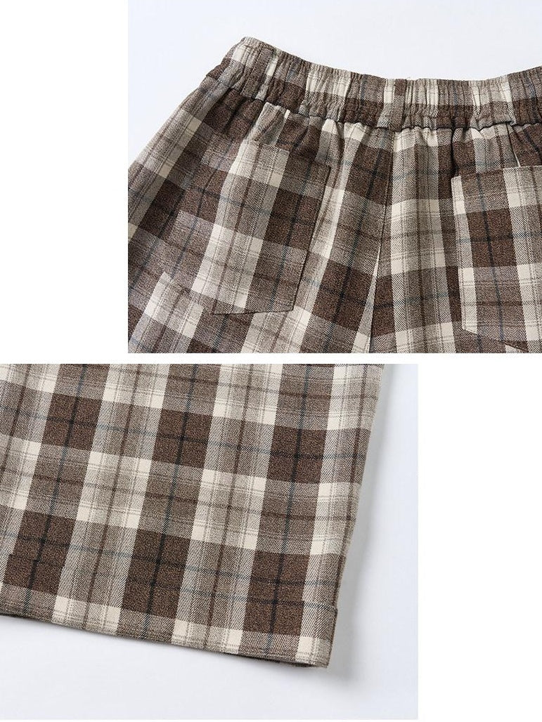 OuttheBlue Comfy Relaxed Cuffed Brown Plaid Natural Waist Ladies Poly Cotton Wide Leg Pants