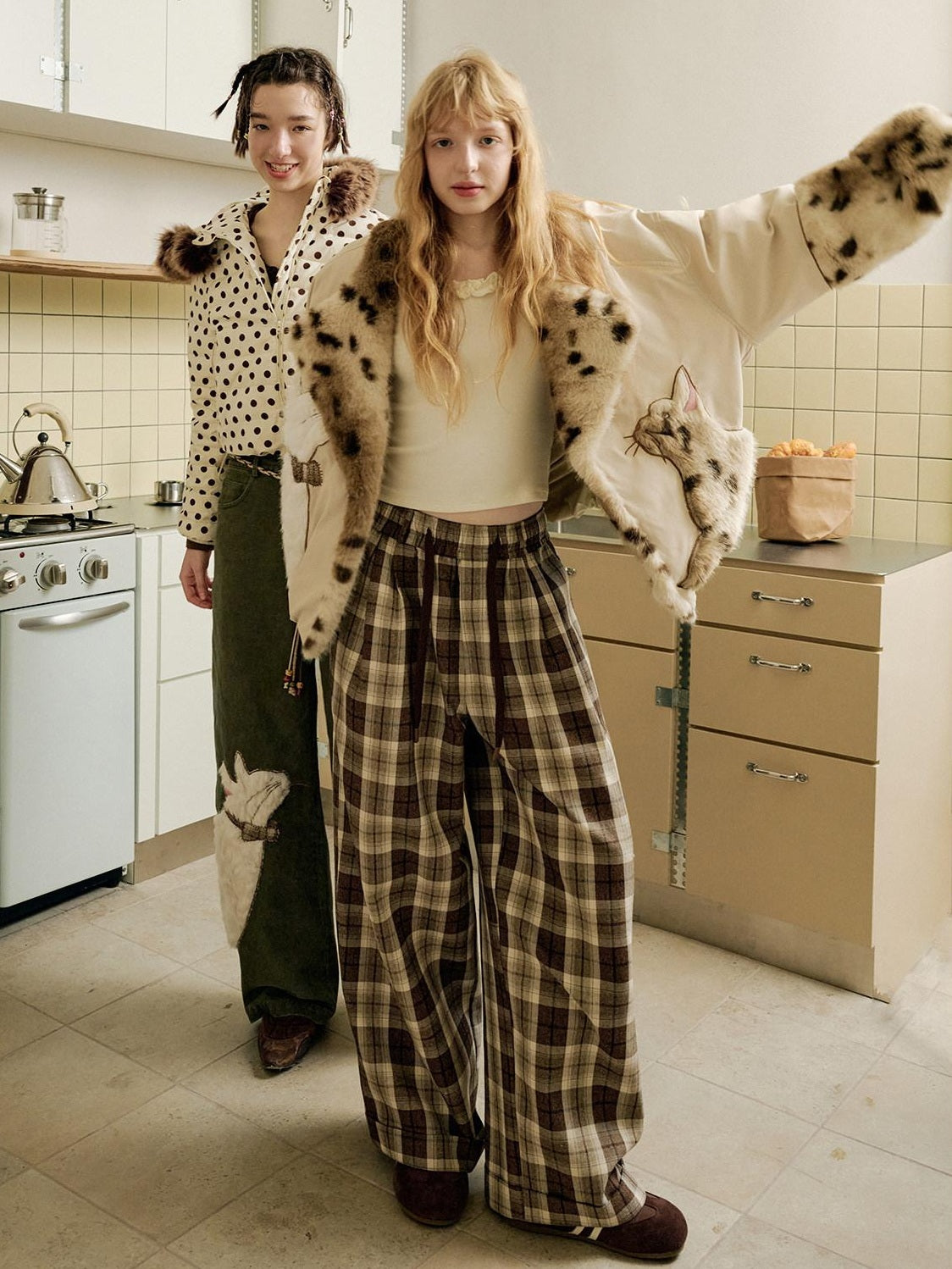 OuttheBlue Comfy Relaxed Cuffed Brown Plaid Natural Waist Ladies Poly Cotton Wide Leg Pants