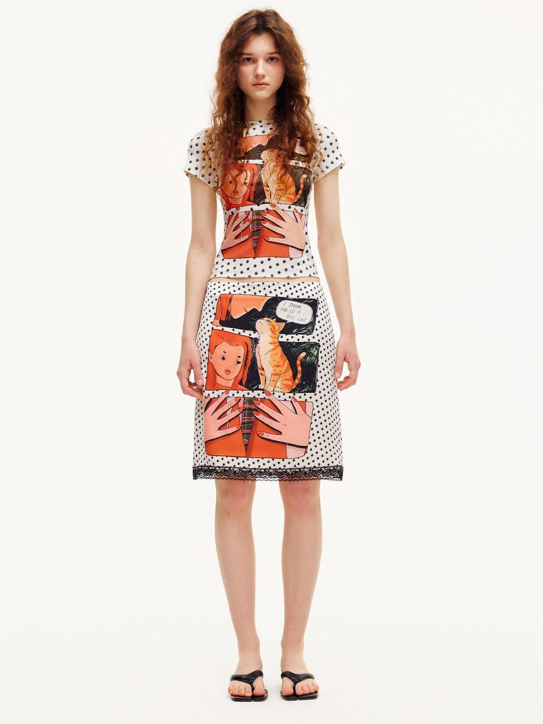 OuttheBlue Comic Print Lace Trim Straight Cut Women&