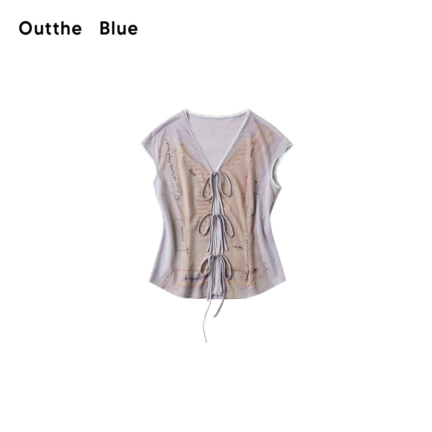 OuttheBlue Cotton Blend Slim Tie V-neck Cropped Printed Purple Short Sleeve T-Shirts