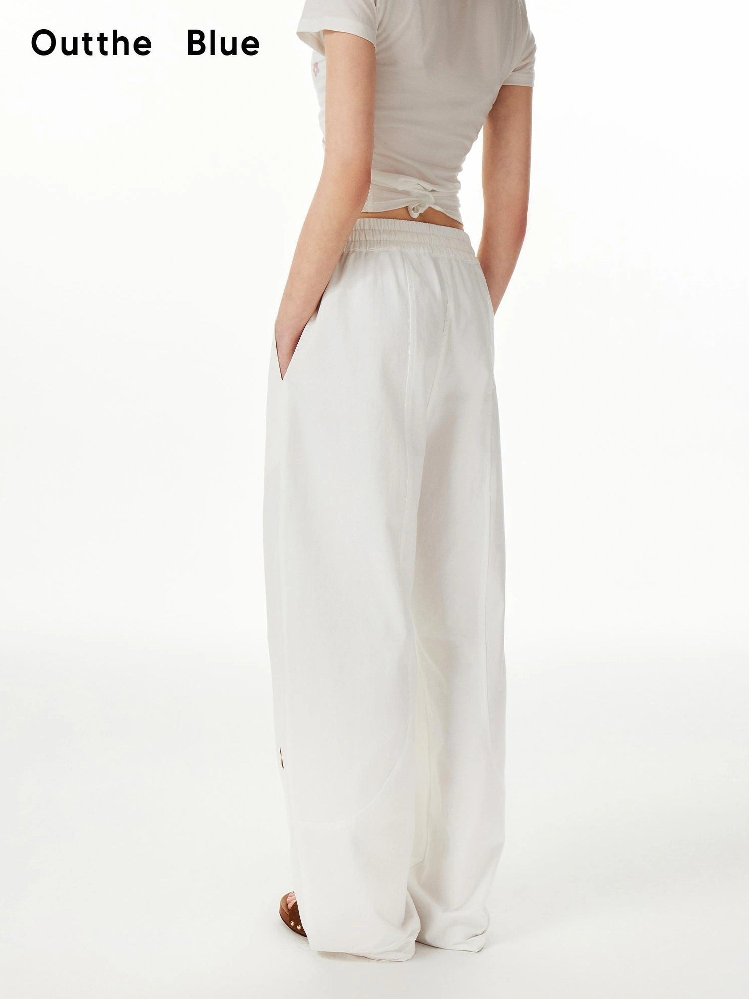 OuttheBlue Cotton Drawstring White Beaded Palazzo Trousers
