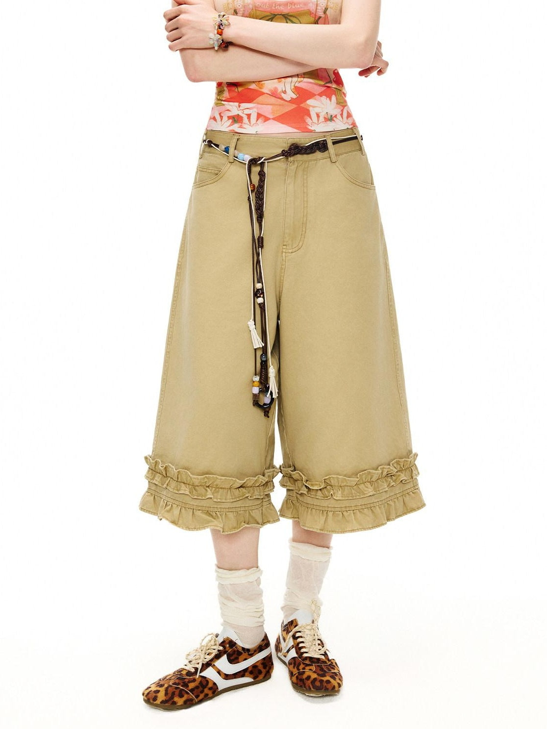 OuttheBlue Cotton Lace Trim Loose Natural Waist Zip Fly Women Washed Khaki Straight Pants