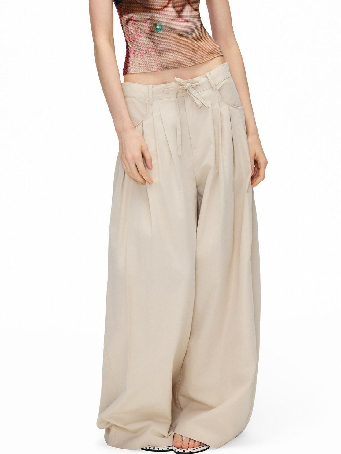 OuttheBlue Cotton Lyocell Blend High Waist Casual Women Light Khaki Wide-Leg Pants