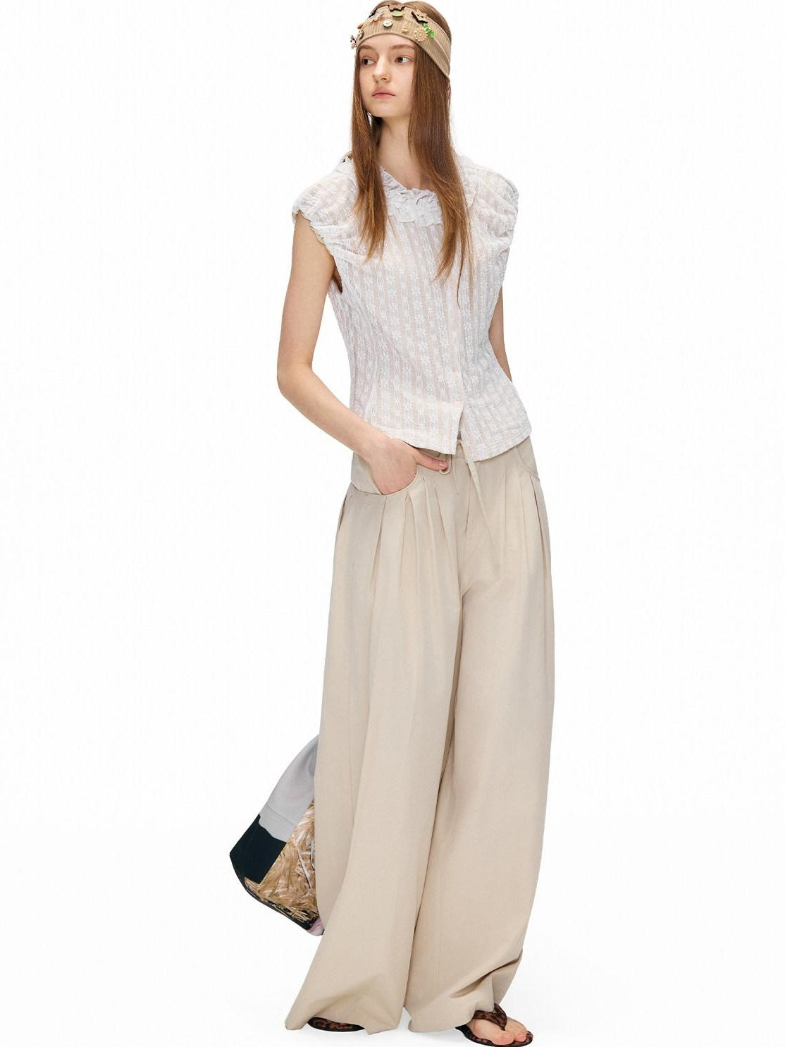 OuttheBlue Cotton Lyocell Blend High Waist Casual Women Light Khaki Wide-Leg Pants