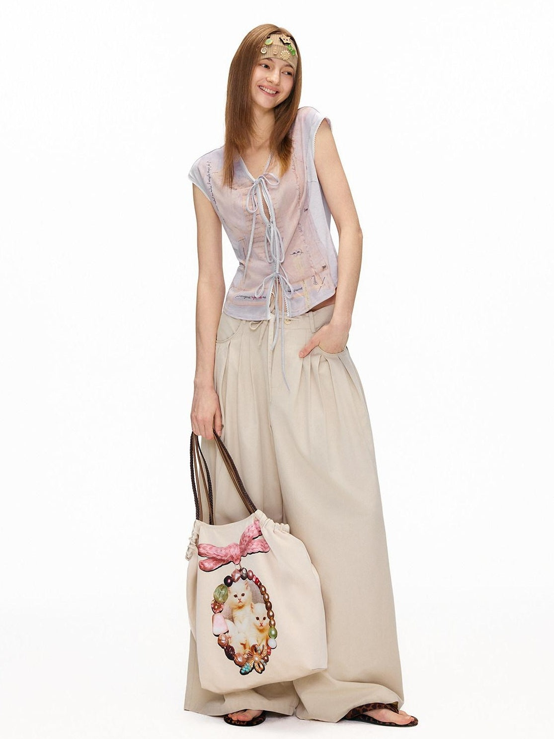 OuttheBlue Cotton Lyocell Blend High Waist Casual Women Light Khaki Wide-Leg Pants