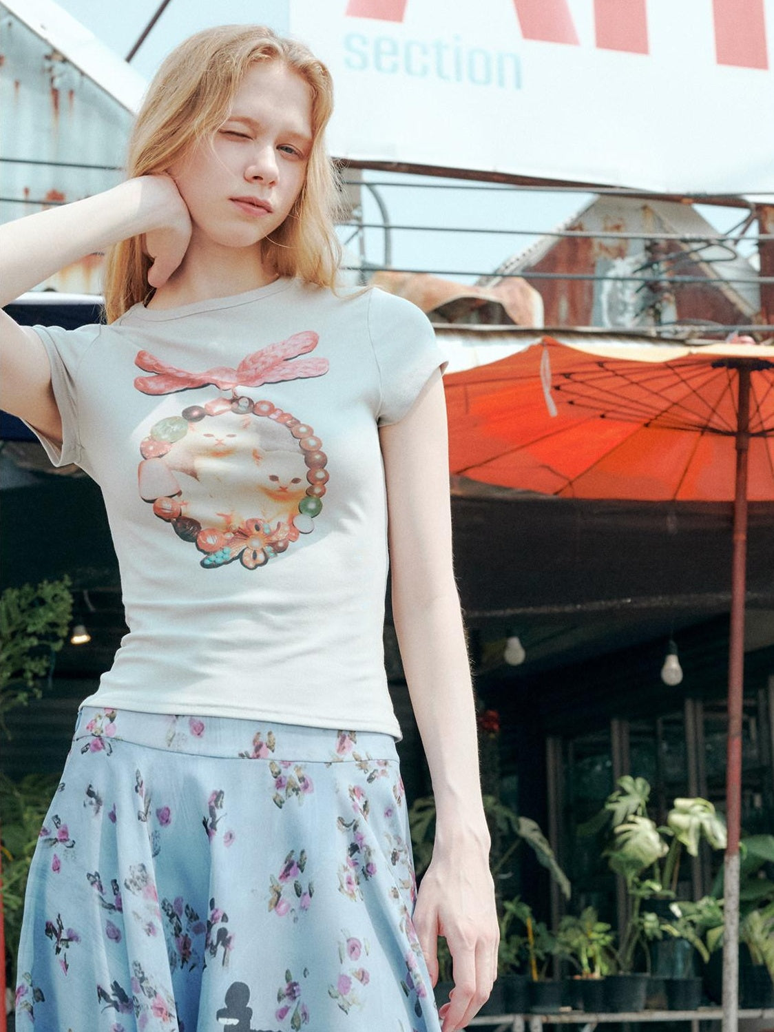 OuttheBlue Cotton Vintage Slim Fit Animal Print Round Neck Women Gray Short Sleeve T-Shirts