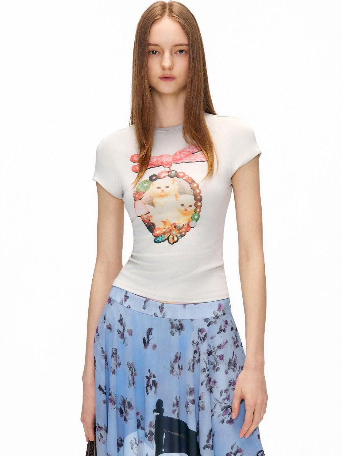 OuttheBlue Cotton Vintage Slim Fit Animal Print Round Neck Women Gray Short Sleeve T-Shirts