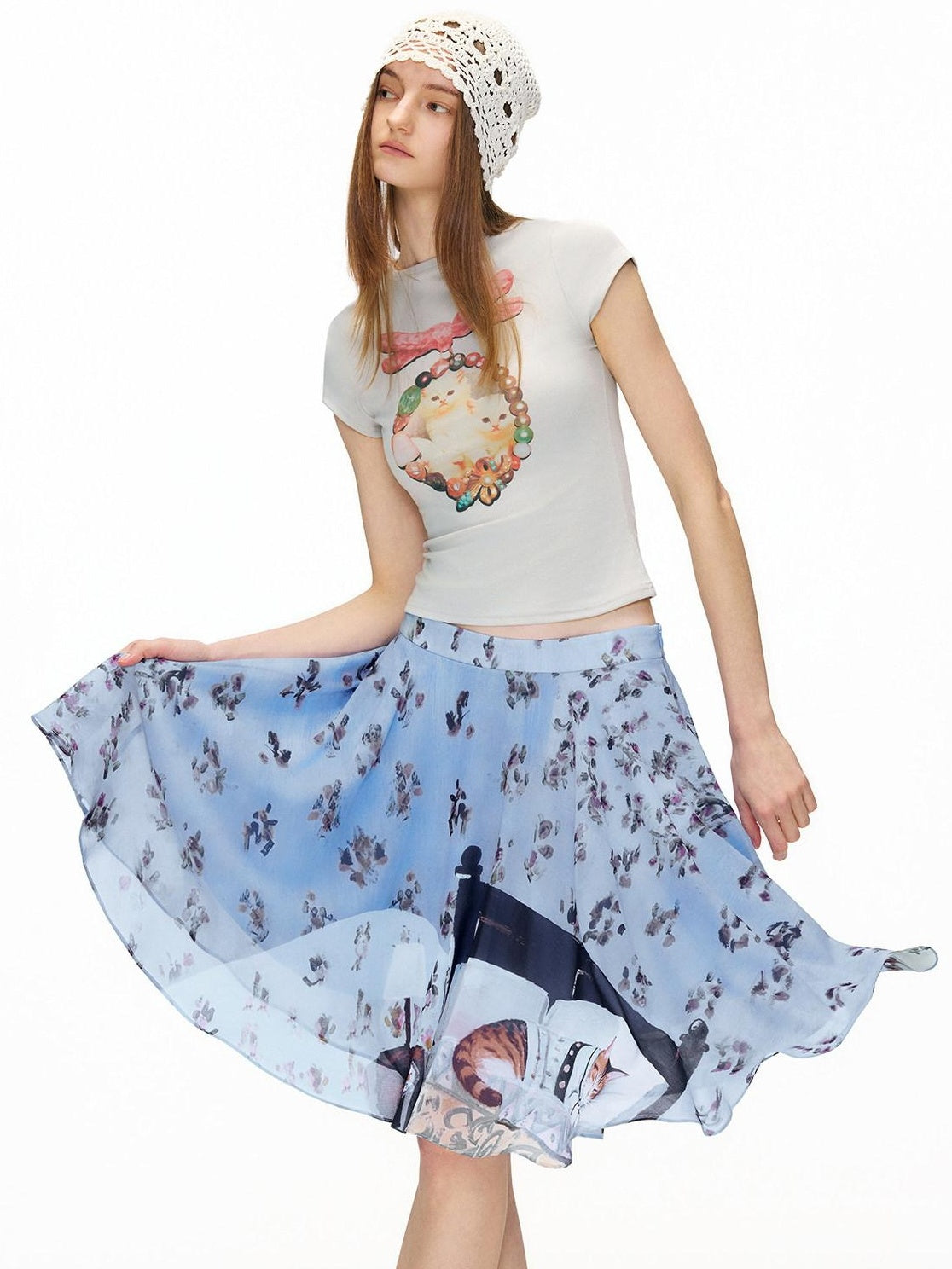 OuttheBlue Cotton Vintage Slim Fit Animal Print Round Neck Women Gray Short Sleeve T-Shirts