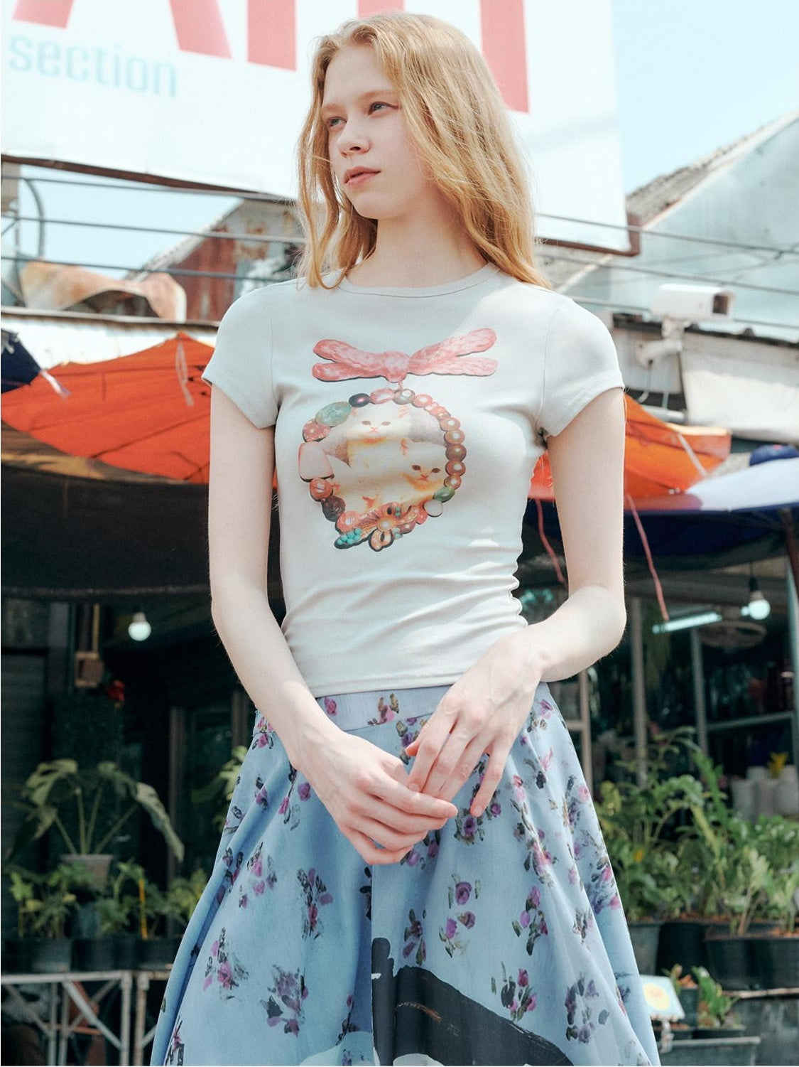 OuttheBlue Cotton Vintage Slim Fit Animal Print Round Neck Women Gray Short Sleeve T-Shirts