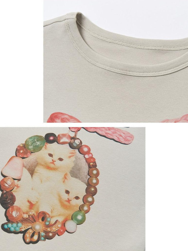 OuttheBlue Cotton Vintage Slim Fit Animal Print Round Neck Women Gray Short Sleeve T-Shirts