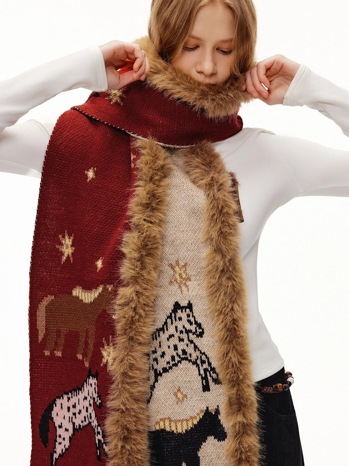 OuttheBlue Cozy Acrylic Wool Blend Korean Rectangular Unisex Animal Print Scarf