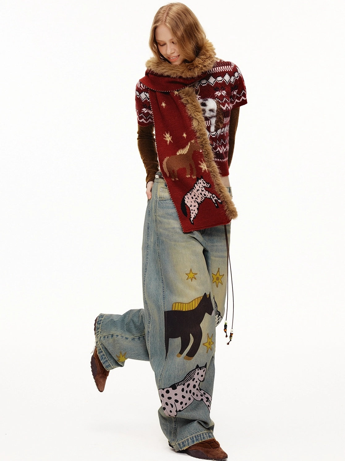 OuttheBlue Cozy Acrylic Wool Blend Korean Rectangular Unisex Animal Print Scarf