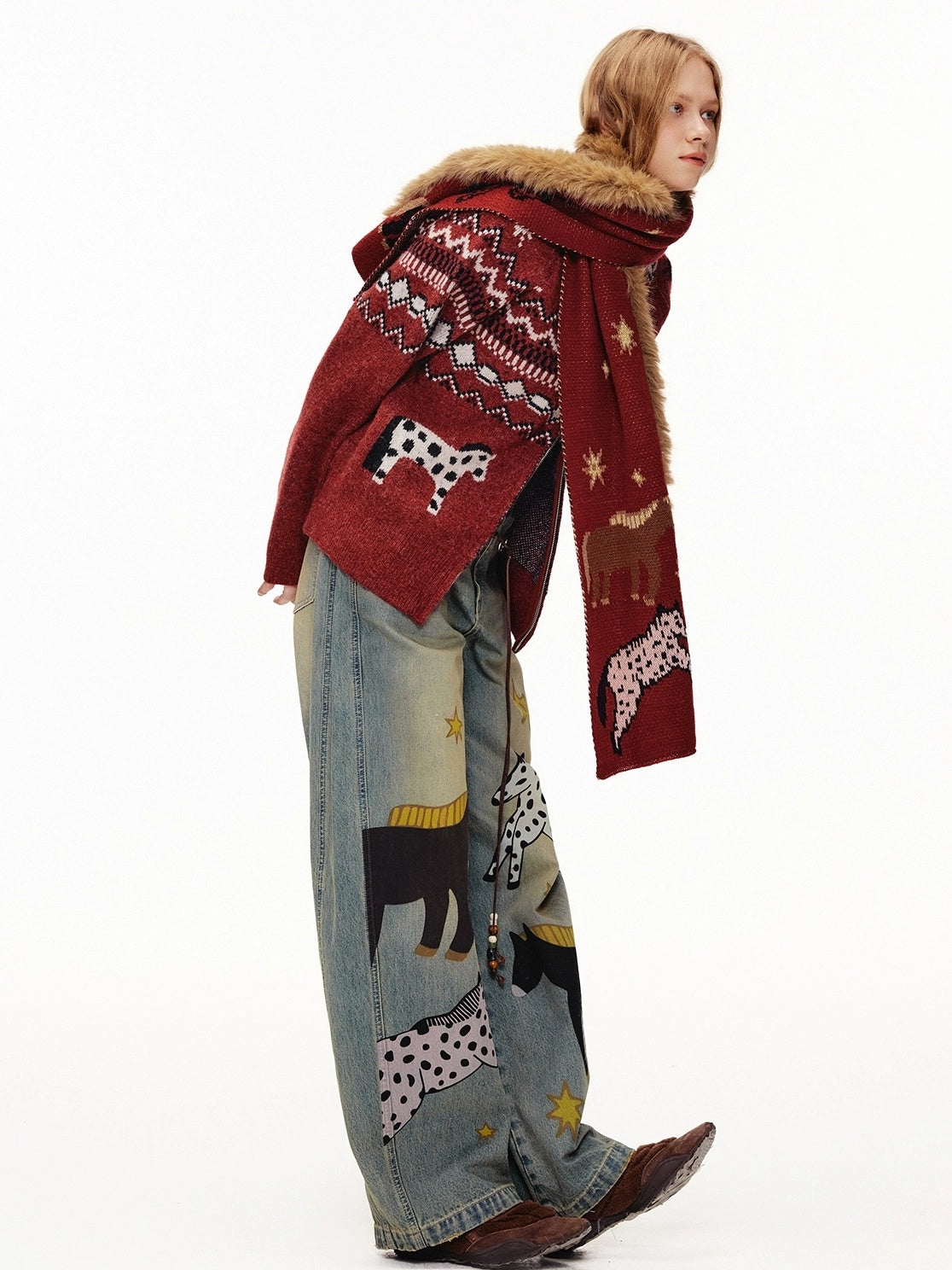 OuttheBlue Cozy Acrylic Wool Blend Korean Rectangular Unisex Animal Print Scarf