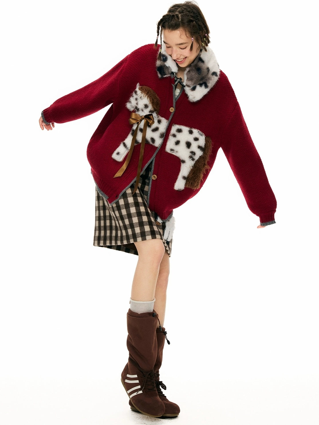 OuttheBlue Cozy Acrylic Wool Blend Office Cardigan Women Anime Print Burgundy Sweater