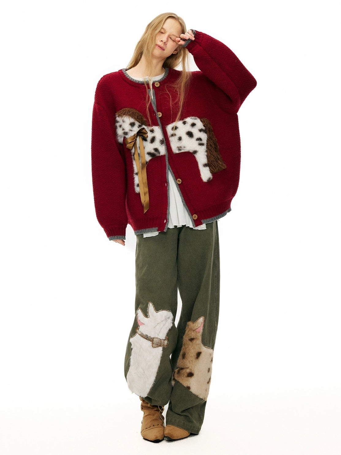 OuttheBlue Cozy Acrylic Wool Blend Office Cardigan Women Anime Print Burgundy Sweater