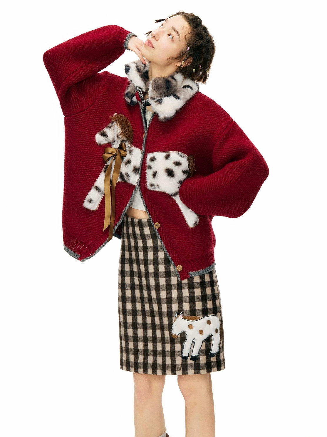 OuttheBlue Cozy Acrylic Wool Blend Office Cardigan Women Anime Print Burgundy Sweater