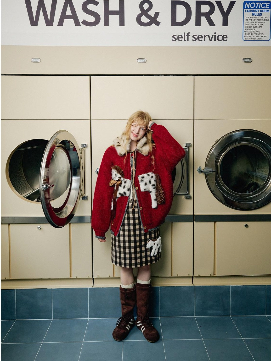 OuttheBlue Cozy Acrylic Wool Cartoon Burgundy Commuter Long Sleeve Single Button Cardigans