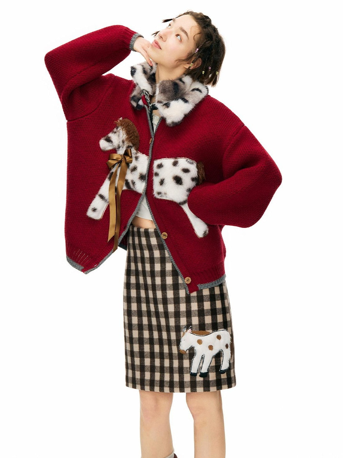 OuttheBlue Cozy Acrylic Wool Cartoon Burgundy Commuter Long Sleeve Single Button Cardigans